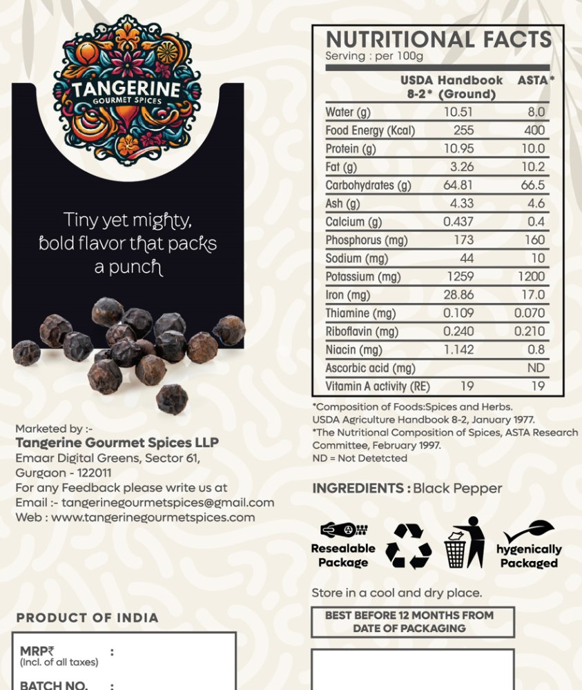 Premium Black Pepper (Kali Mirch) - 70g - Tangerine Gourmet Spices