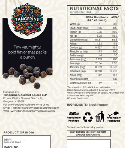 Premium Black Pepper (Kali Mirch) - 70g - Tangerine Gourmet Spices