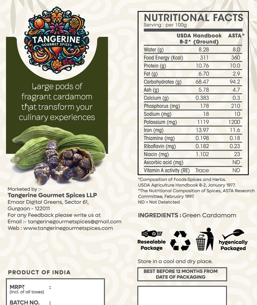 Premium Green Cardamom (8mm) - Tangerine Gourmet Spices (70g) - Tangerine Gourmet Spices