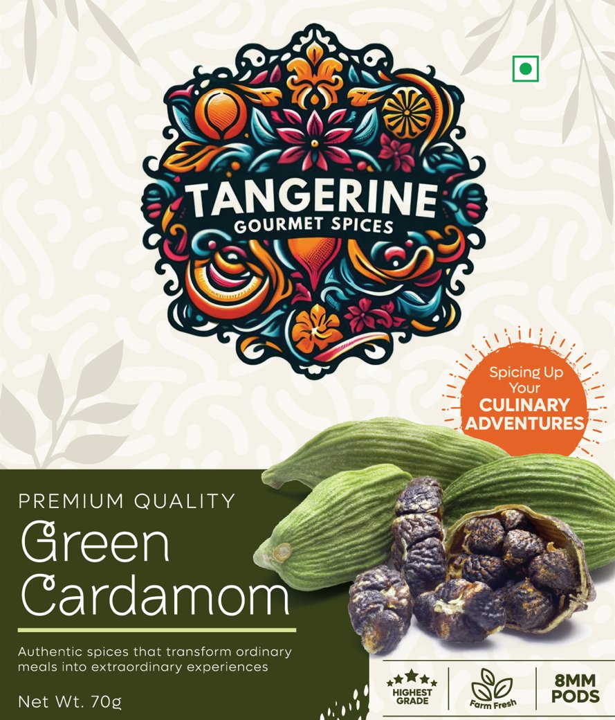 Premium Green Cardamom (8mm) - Tangerine Gourmet Spices (70g) - Tangerine Gourmet Spices